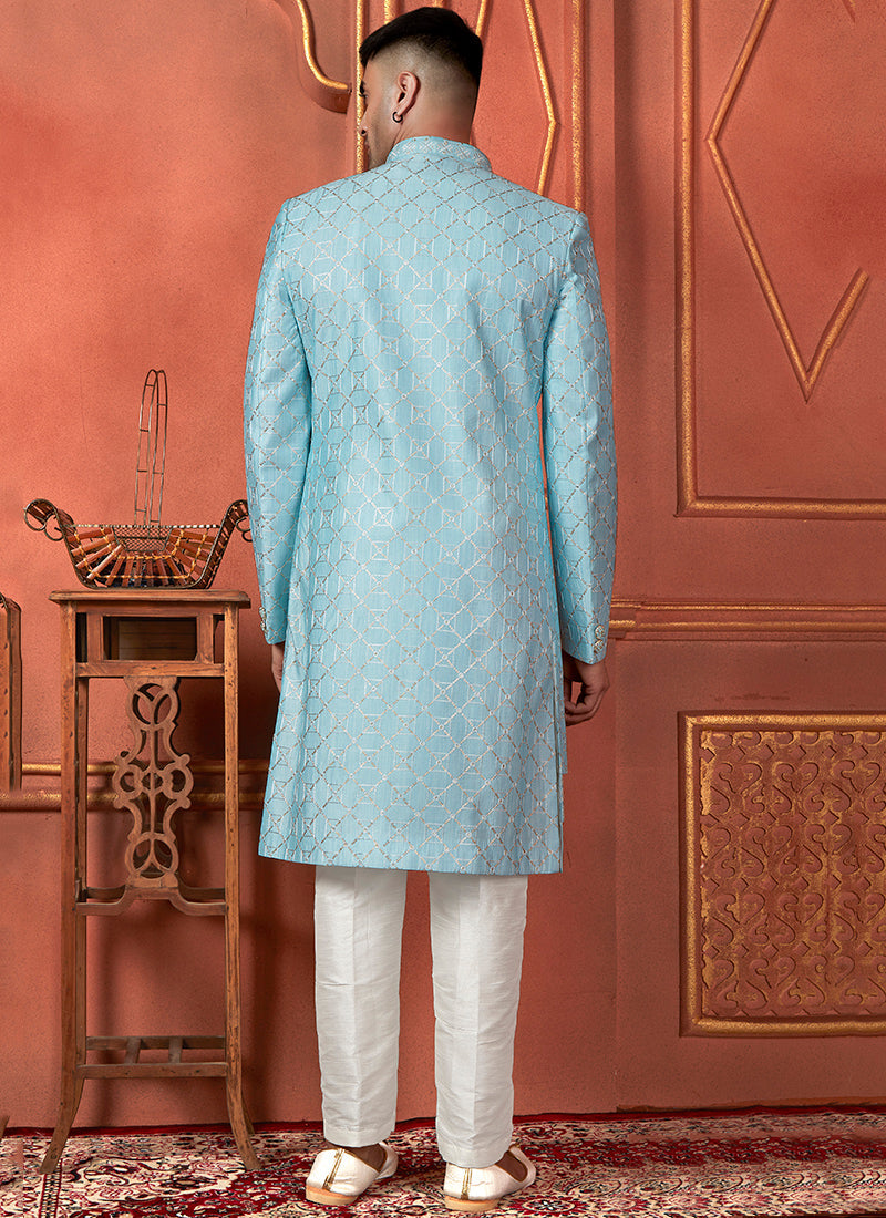 Raivat Ethnic Mens Art Silk Thread Work Indo Western In Sky Blue Colour