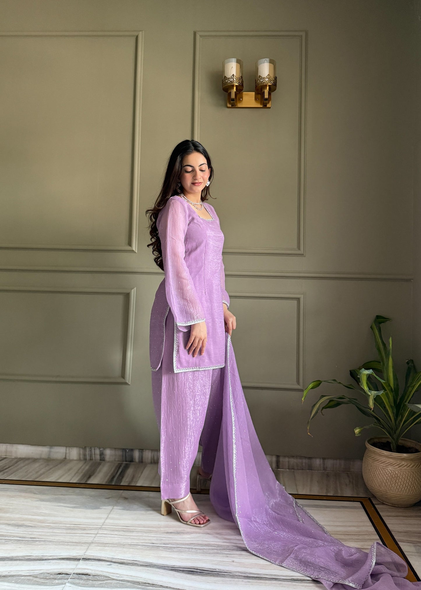 Lorenvalley Fashion Lavender Crunchy Silk with Siroski Work with Fancy Lace Work Kurta Salwar with Dupatta