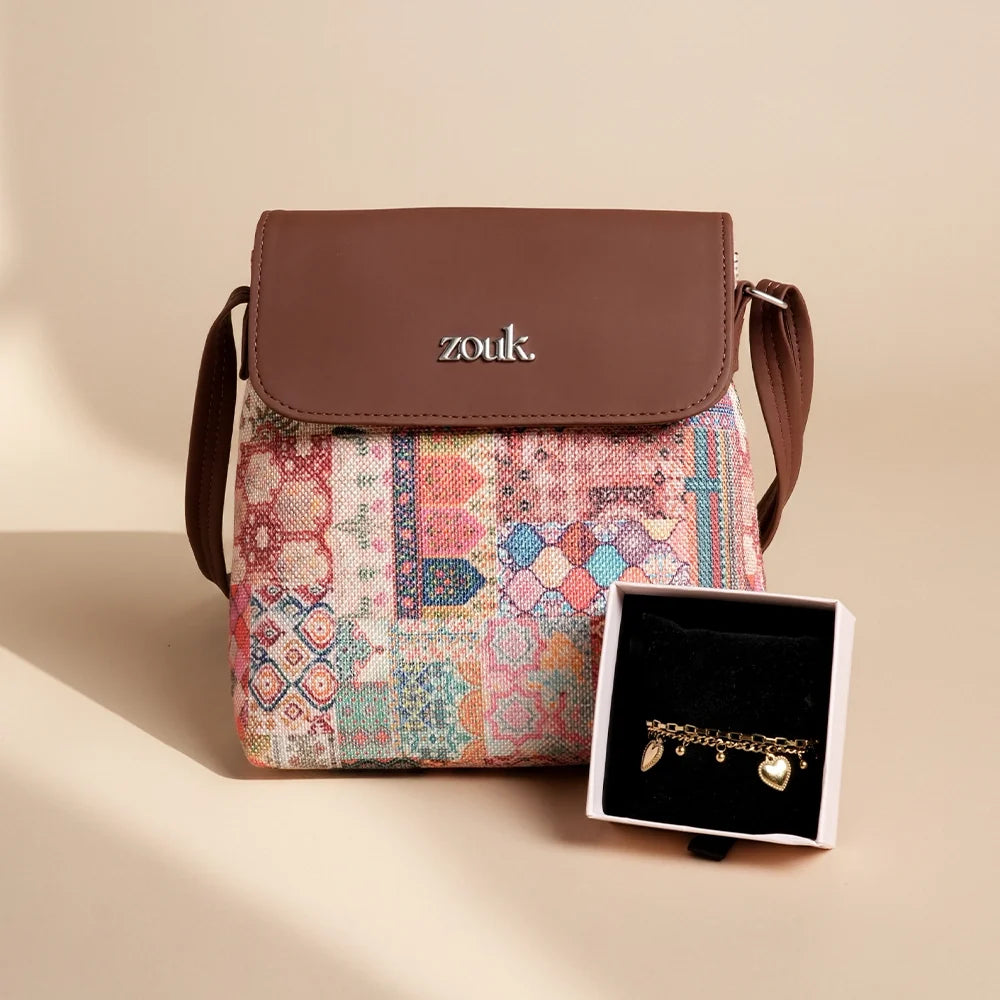 ZOUK Kutch Gamthi Flap Sling Bag X PALMONAS Hearts All Over Bracelet