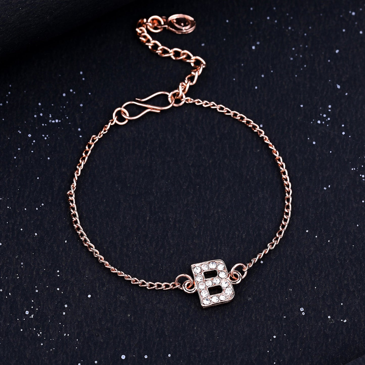 Estele Rose Gold Plated Captivating Medium 'B' Letter Bracelet with Crystals for Women