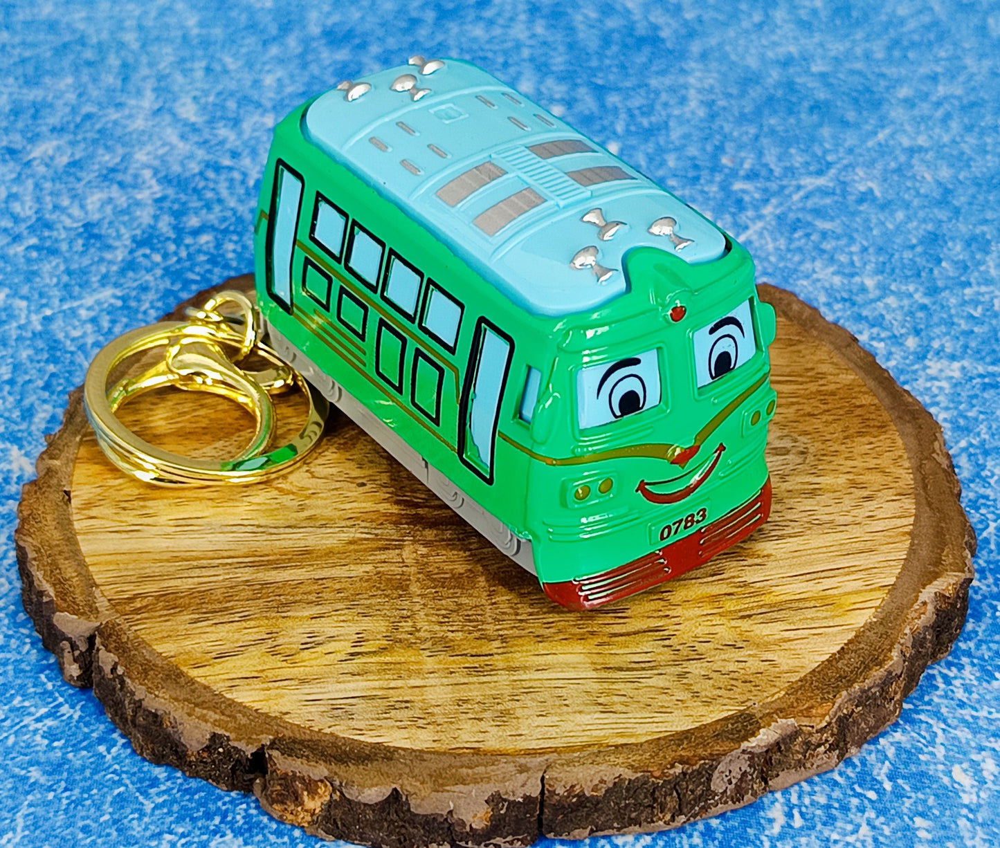 Green Cute Smiling Pull Back Bus Toy Keychain | With Golden Keyring Keychain |