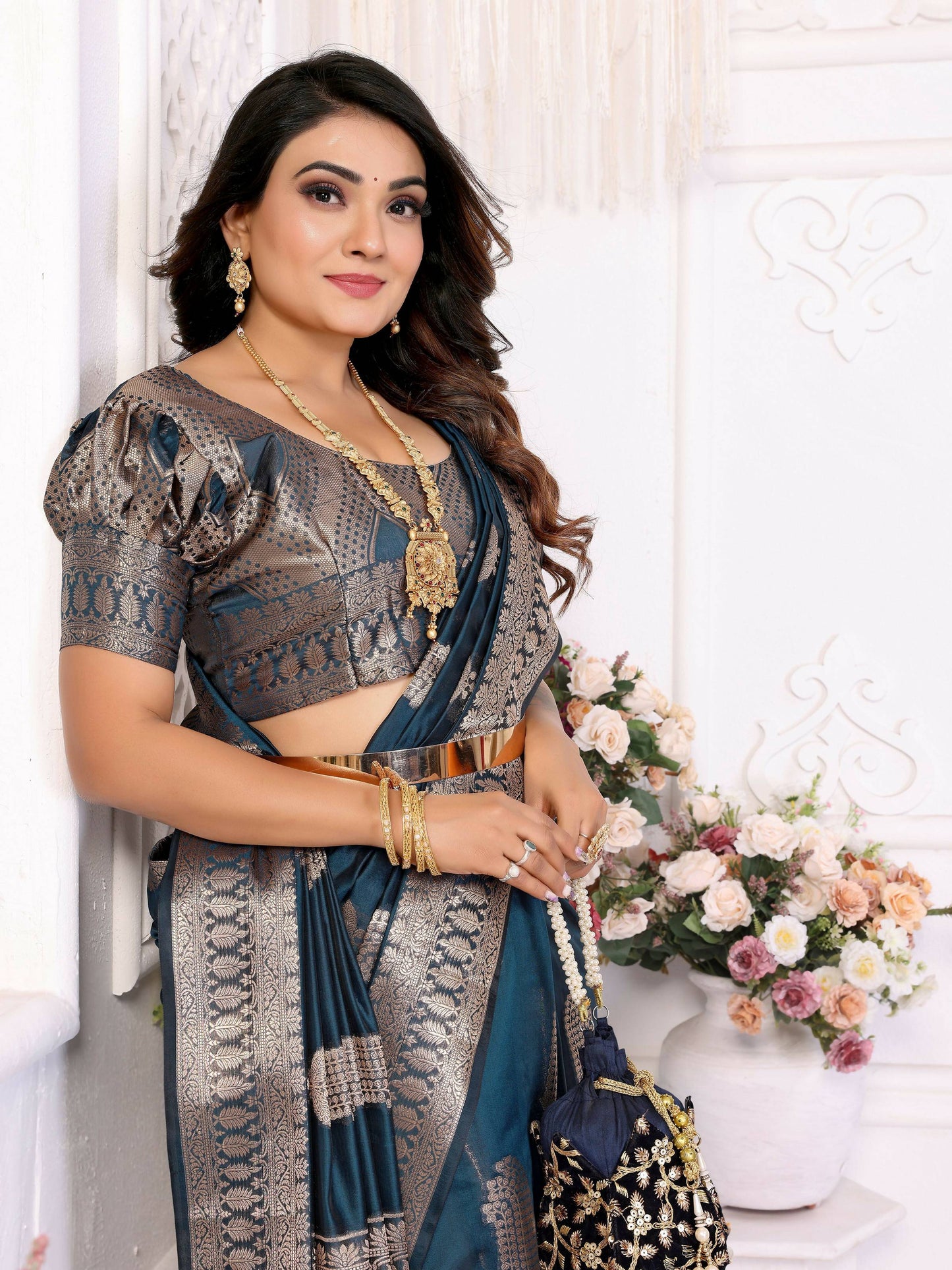 Aastha Fashion Teal Blue Soft Organza Silk Weaving Saree