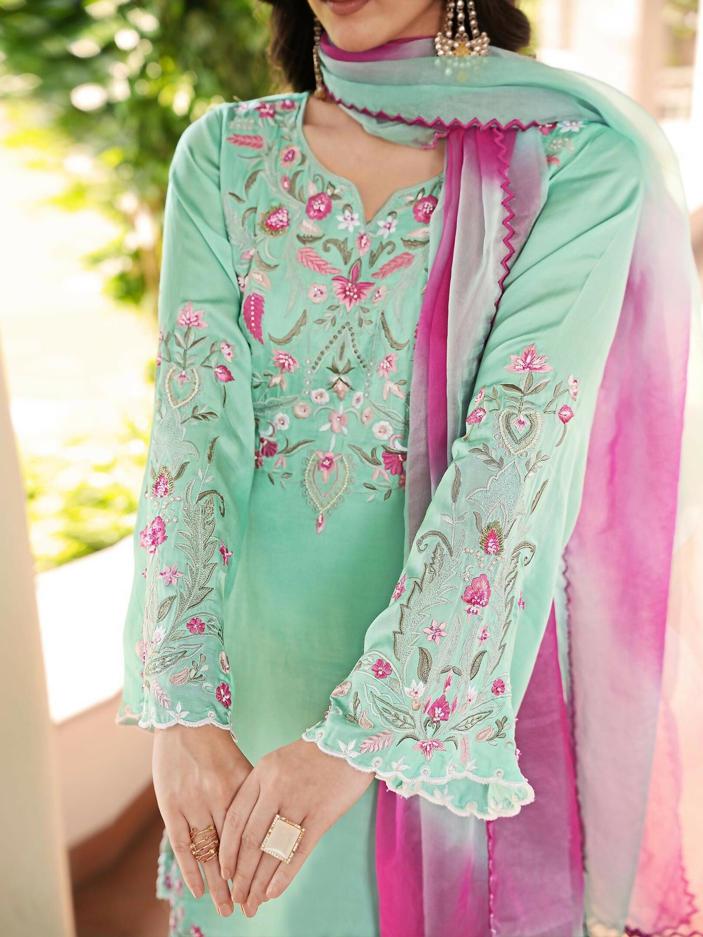 Nikhaar Light Green Embroidered Modal Silk Stitched Straight Cut Kurta Farshi Salwar Dupatta Readymade Suit