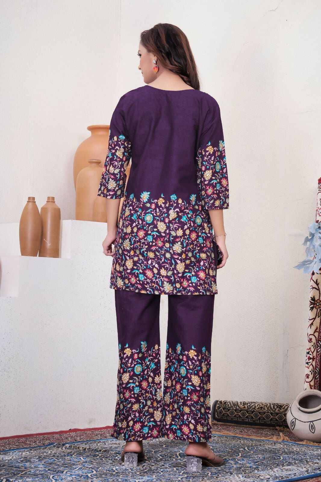 Teeya Creation Wine Floral Printed Short Kurta With Straight Pants Co-Ord Set