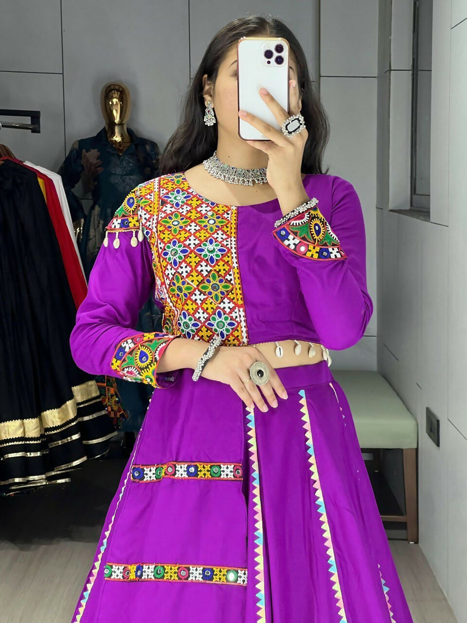 Yash Enterprise Purple Rayon Cotton Embroidery Semi Stitched Navratri Top Chaniya Choli