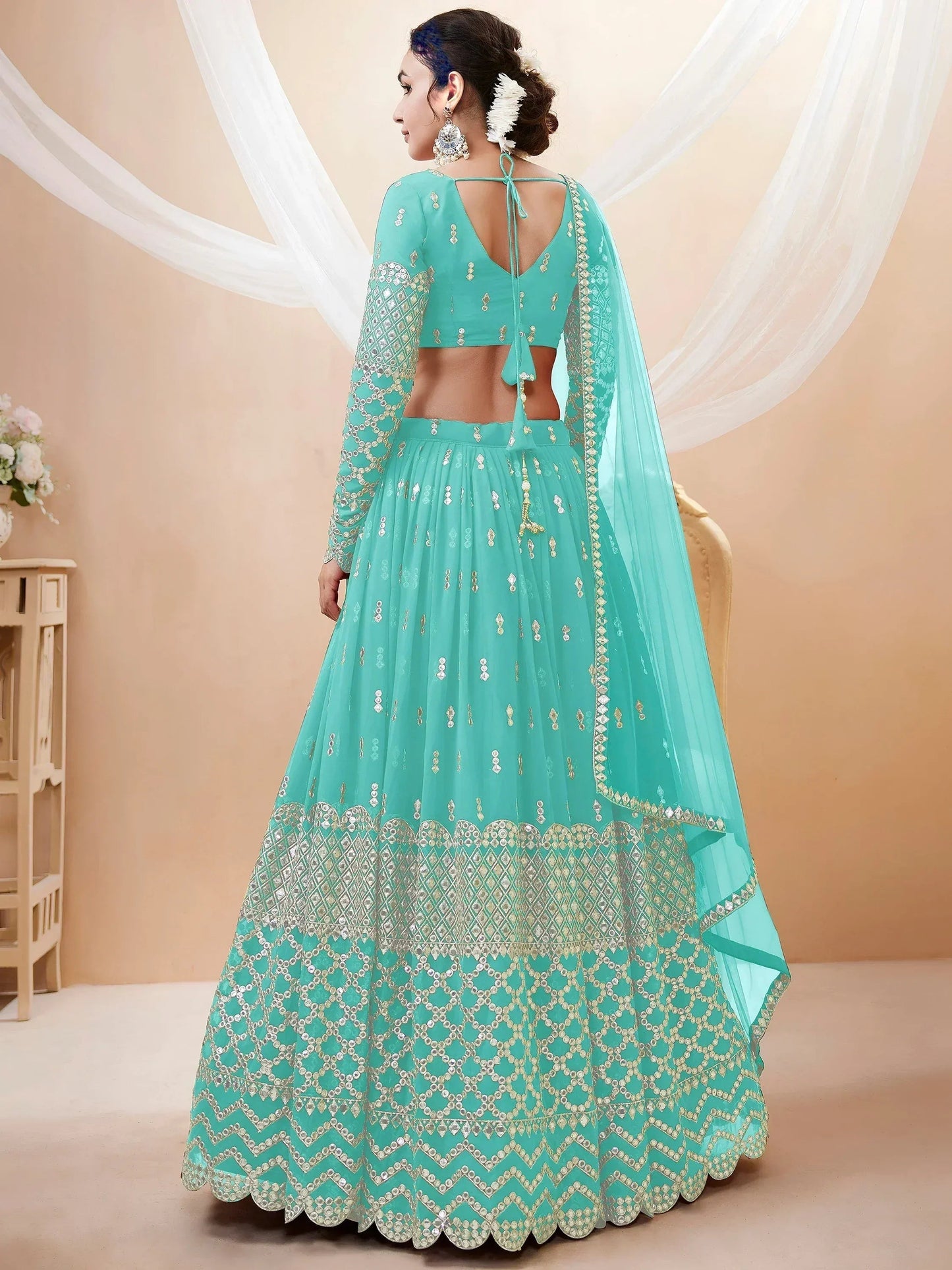 Tulsi Art Spectacular Sky Blue Sequins Georgette Sangeet Wear Lehenga Choli