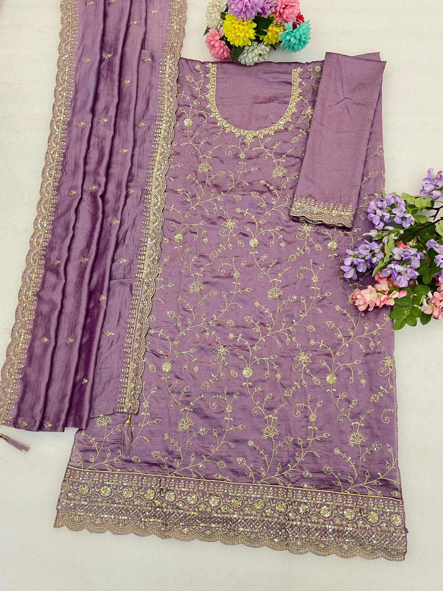 Anaita Purple Vichitra Silk Suit With Embroidery & Sequence Work