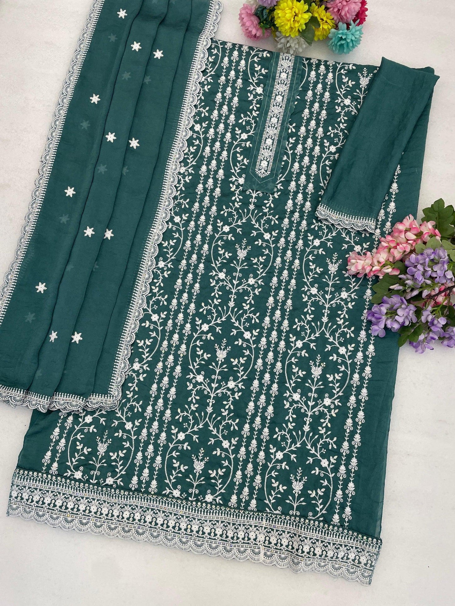 Anaita Emerald Silk Suit with Embroidery & Sequence Work