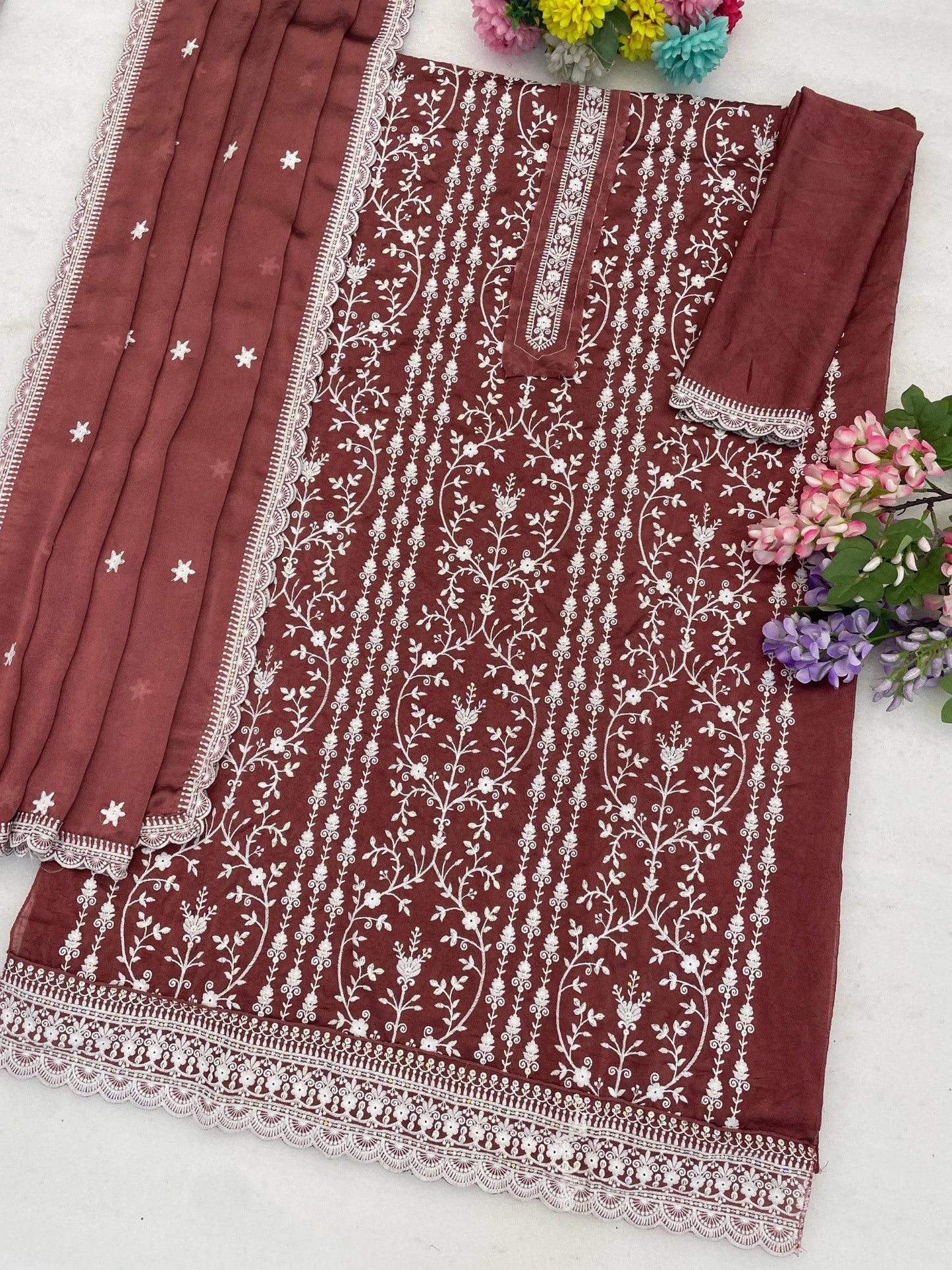 Anaita Maroon Silk Suit with Embroidery & Sequence Work