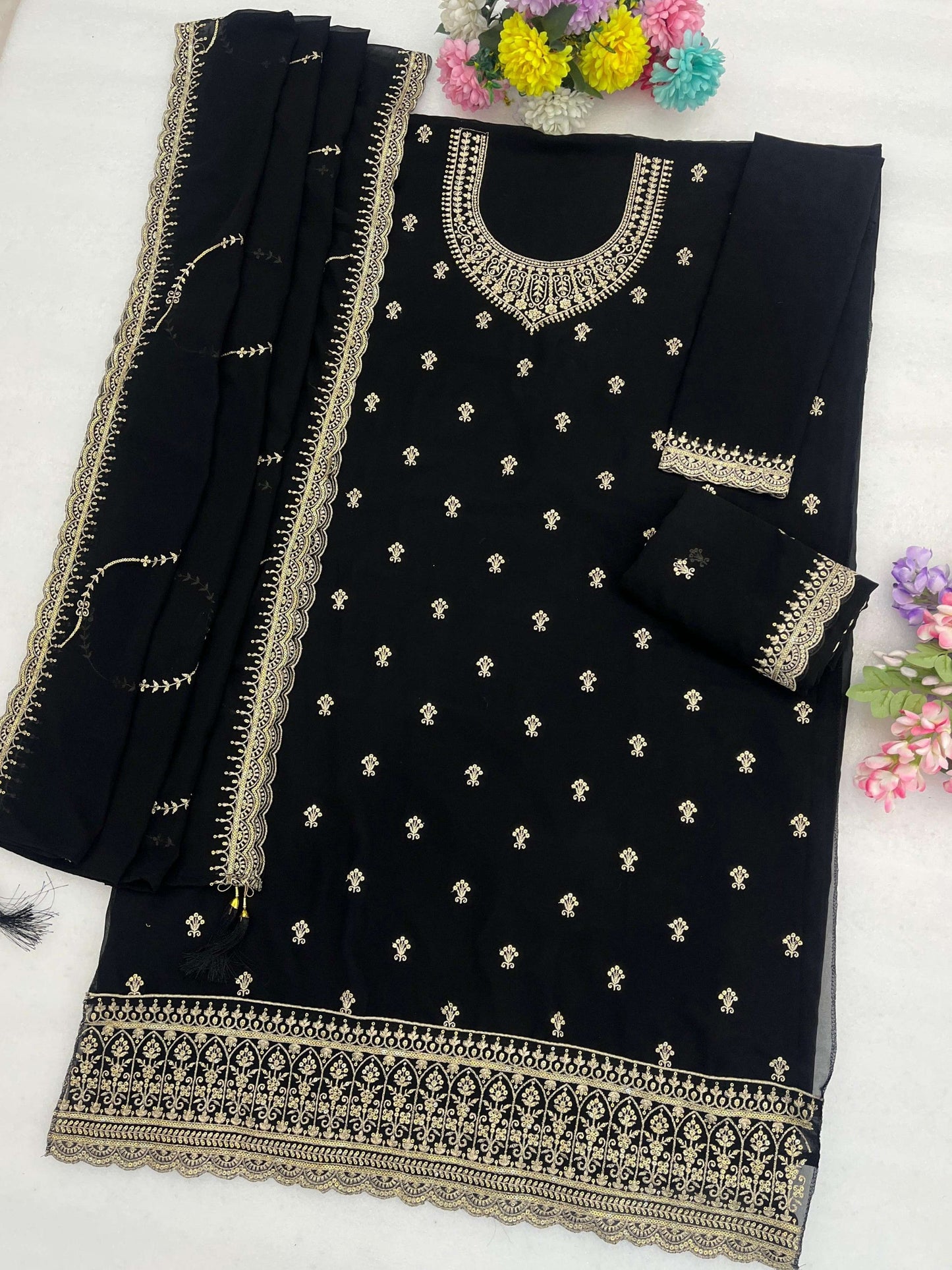 Anaita Black Faux Georgette Suit With Embroidery Work