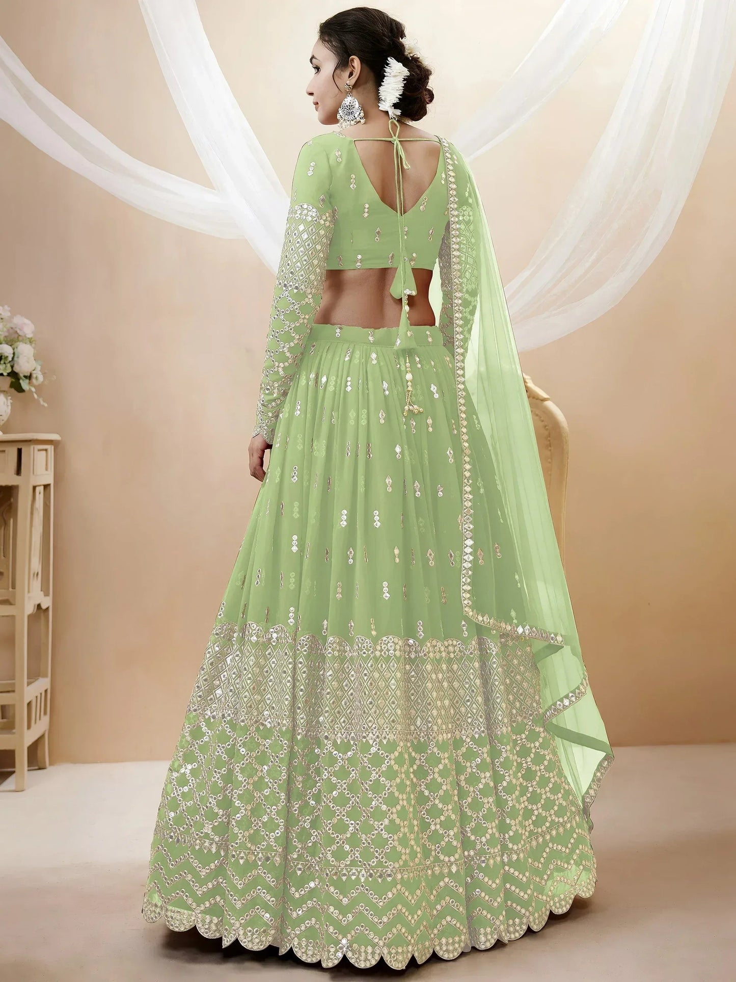 Tulsi Art Attractive Pastel Green Sequins Work Georgette Lehenga Choli