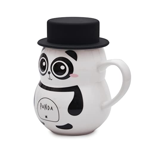 Ceramic Coffee Mug with Funny Lid - Panda Design - 330 ml (11 oz) - 3.25 inch Diameter, 3.75 inch Height