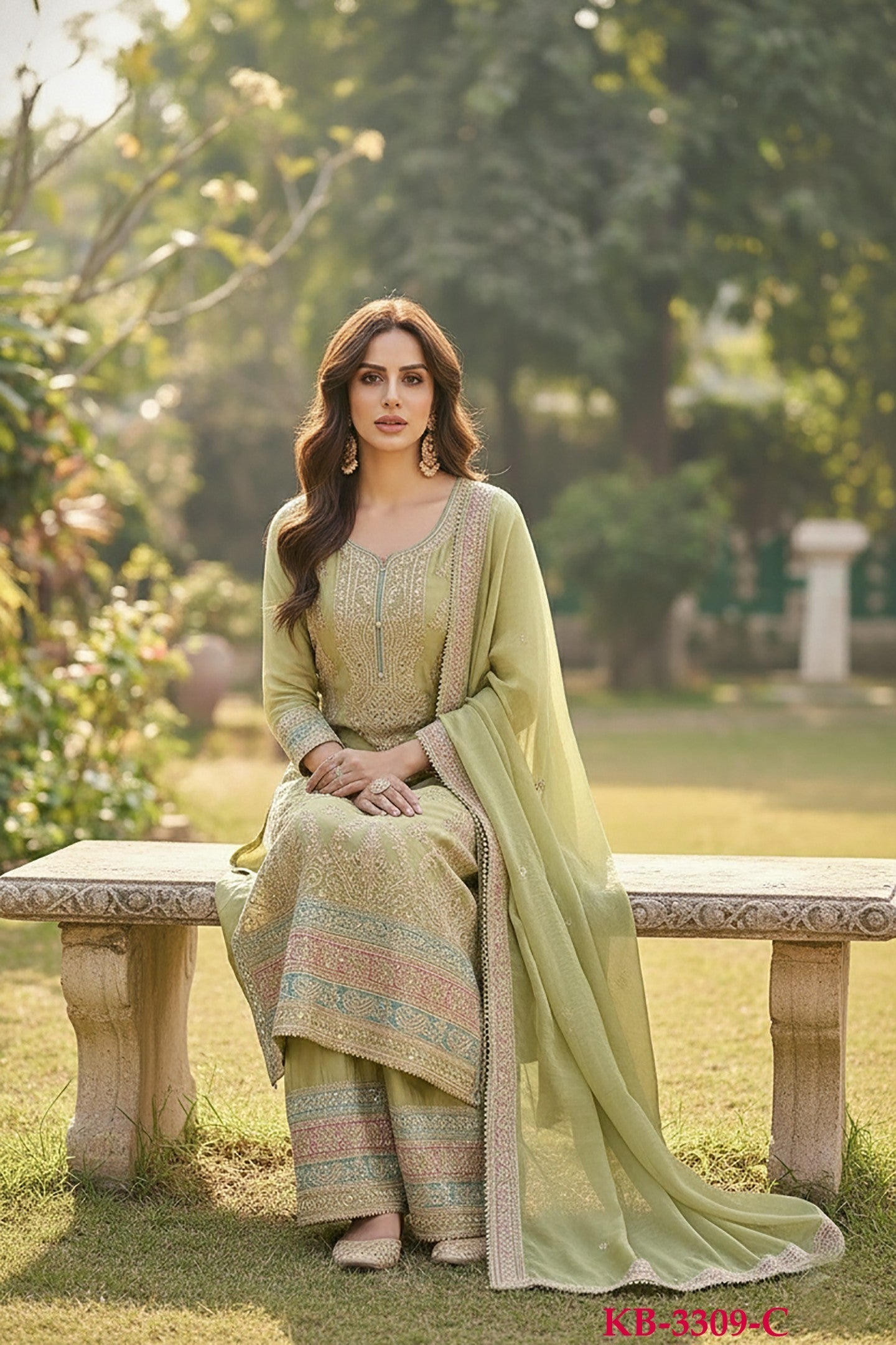 Anaita Green Chinon Suit with Embroidery & Sequence Work