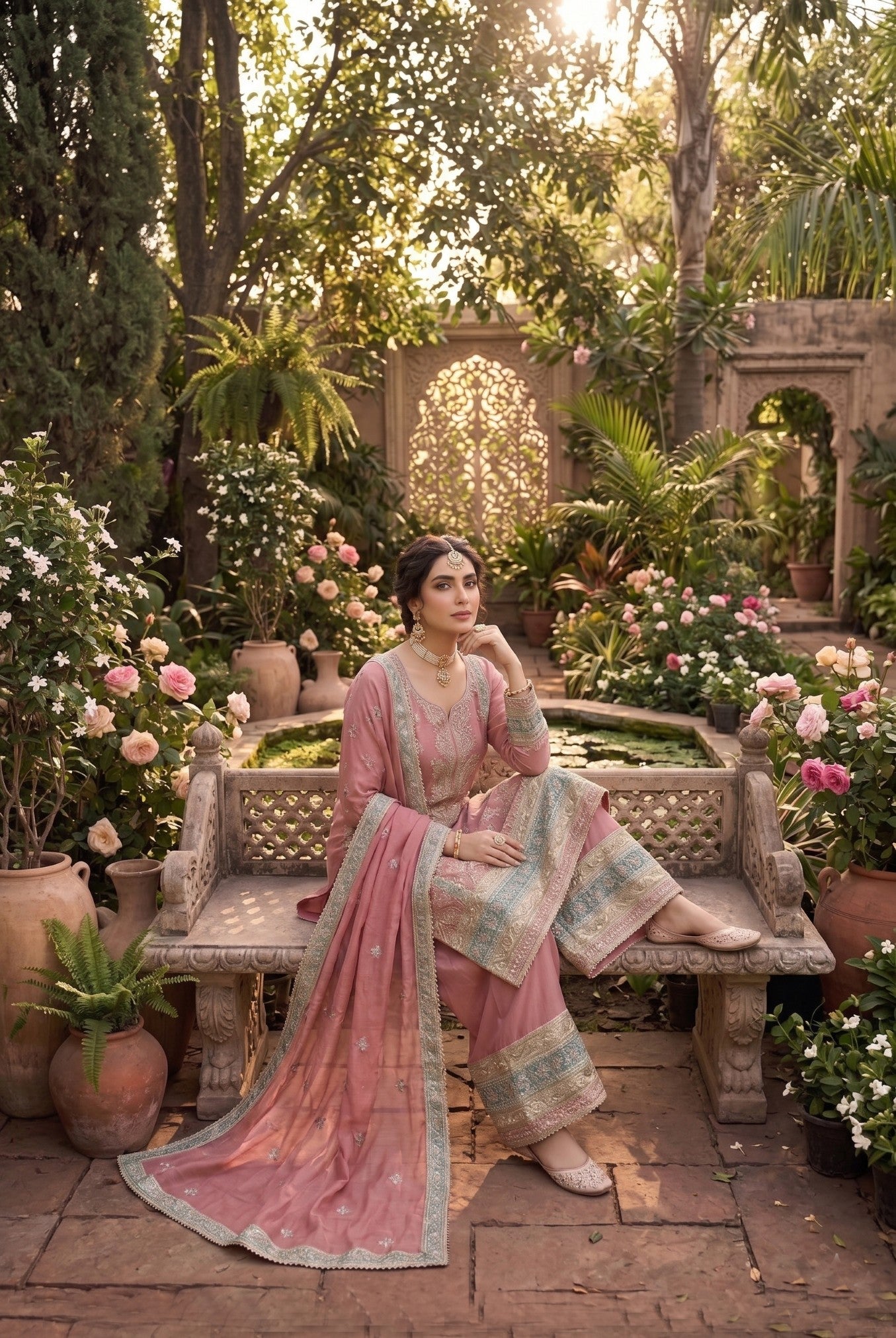 Anaita Pink Chinon Suit with Embroidery & Sequence Work