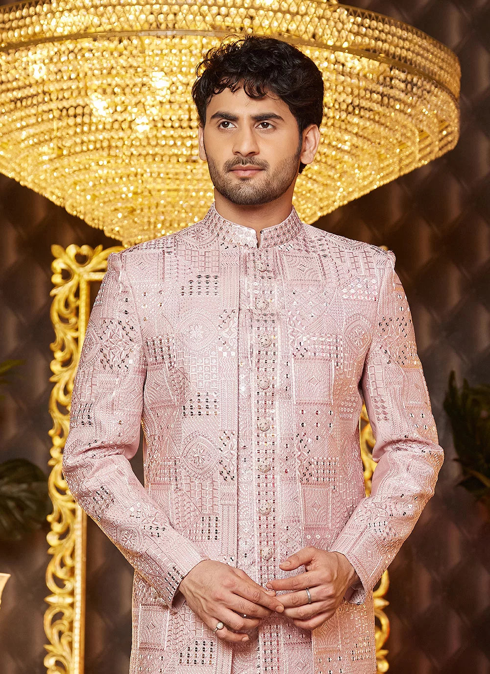 Raivat Ethnic Mens Art Silk Thread Work Indo Western In Onion Pink Colour