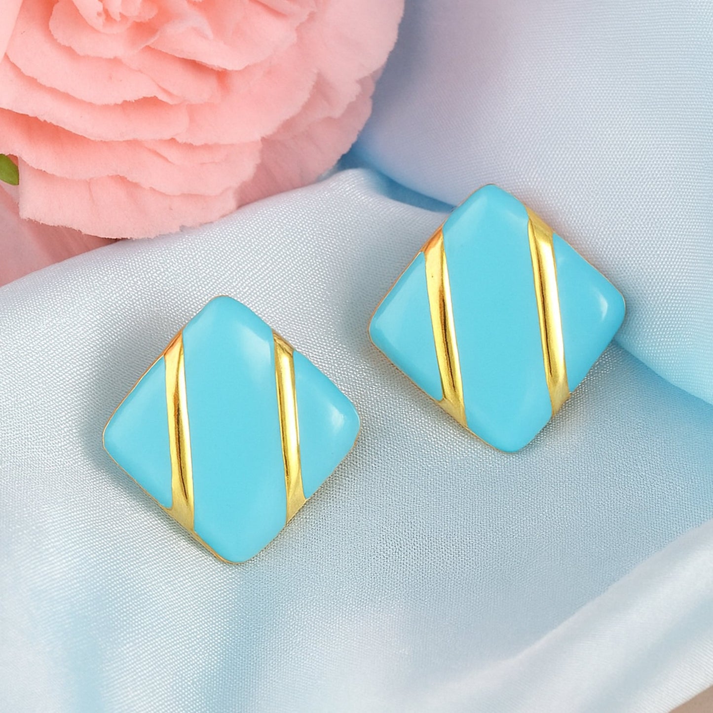 Estele Gold Plated Aqua Enamel Diamond shaped studs for women