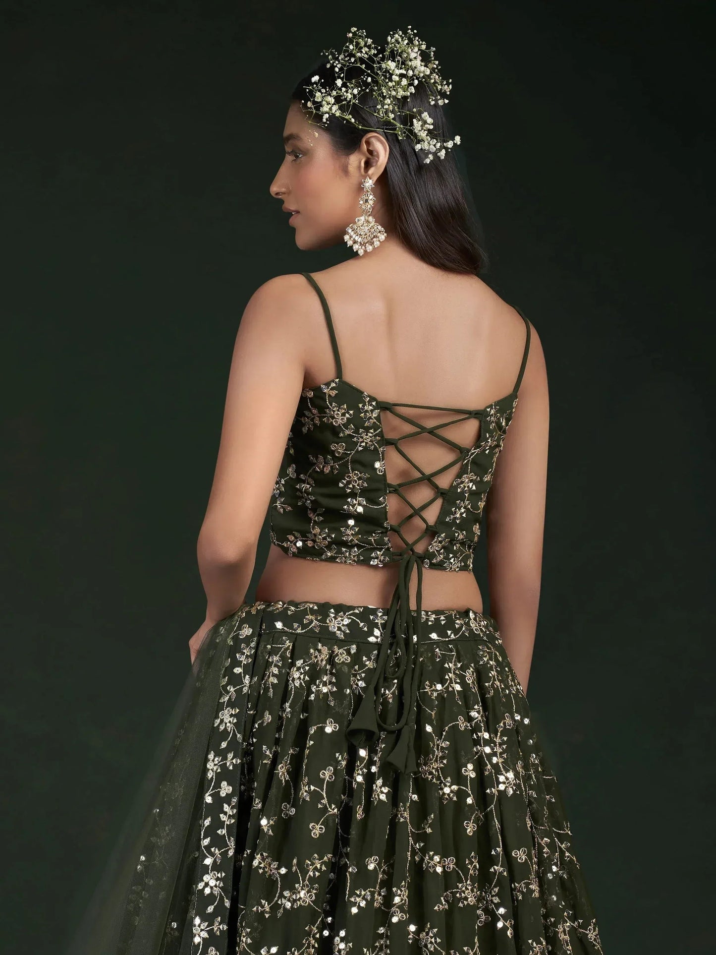 Tulsi Art Desirable Olive Green Sequins Embroidered Georgette Lehenga Choli