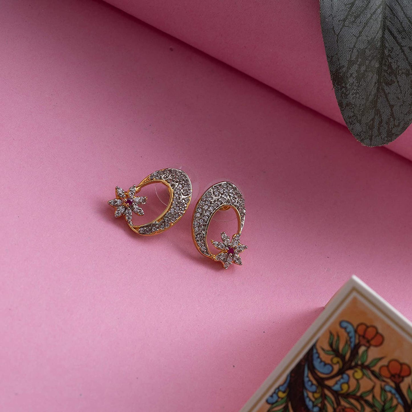 Estele Gold Plated Star and Moon American Diamond Earrings for Women