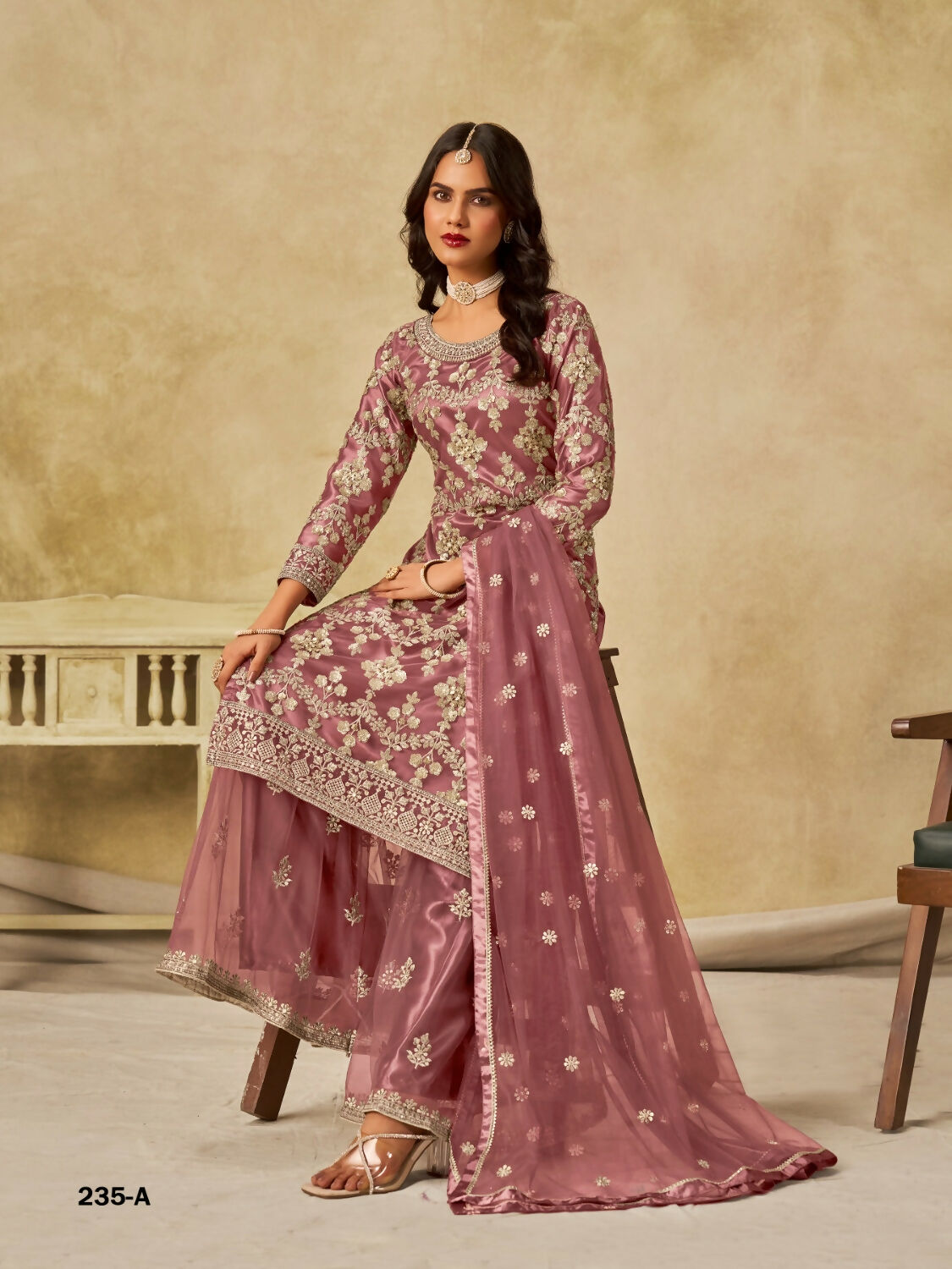 Anaita Brown Heavy Net Suit With Embroidery Work