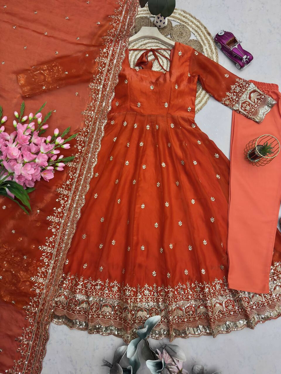 Teeya Creation Vibrant Orange Heavy Border Gher Anarkali Suit For Women