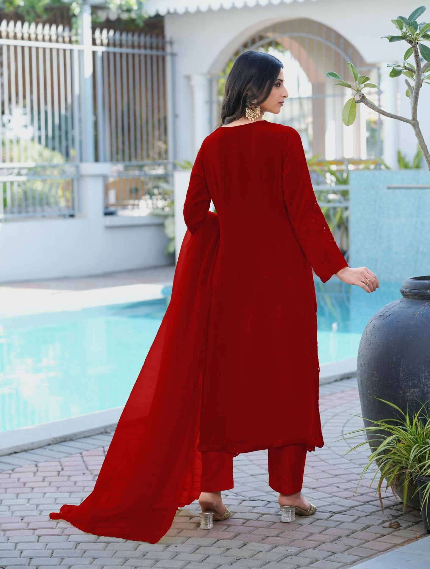 Nikhaar Maroon Embroidered Art Silk Stitched Straight Cut Kurta Pants Dupatta Readymade Suit
