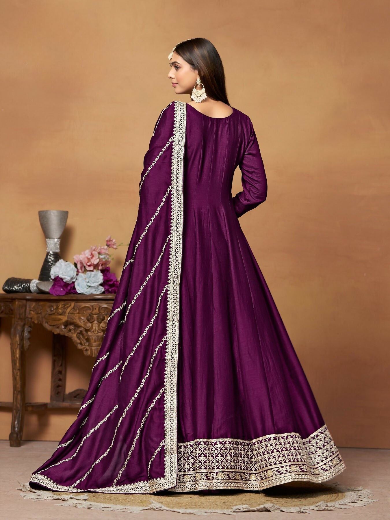 Anaita Wine Embroidered Art Silk Anarkali Suit