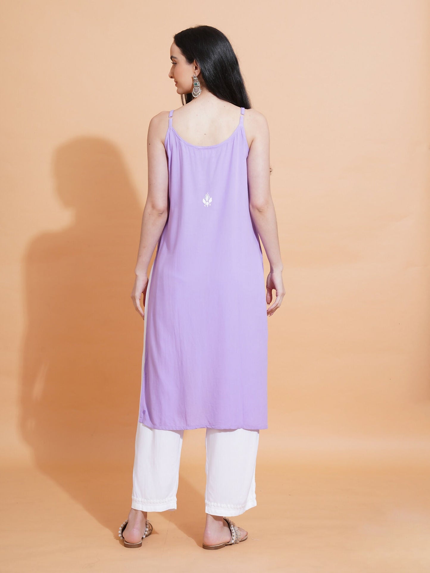 Pahnaz Luxury Rayon Chikankari Sleeveless Long Kurti-Lavender