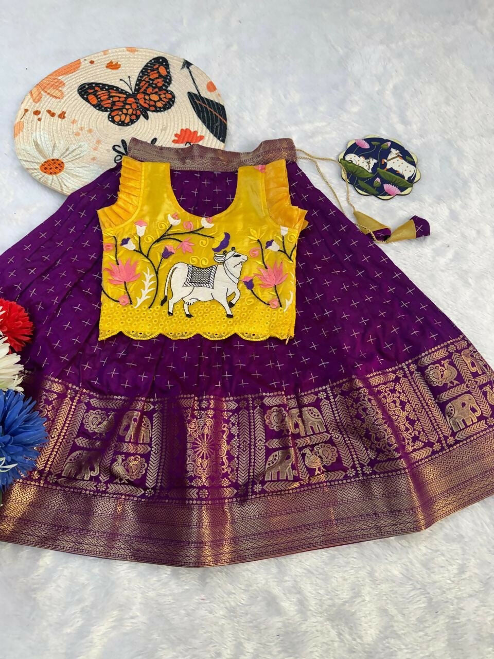 Teeya Creation Kids Latest Collection Girls Yellow & Wine Purple Pattu Pavadai Lehenga Set With Ruffle Sleeves-Yellow