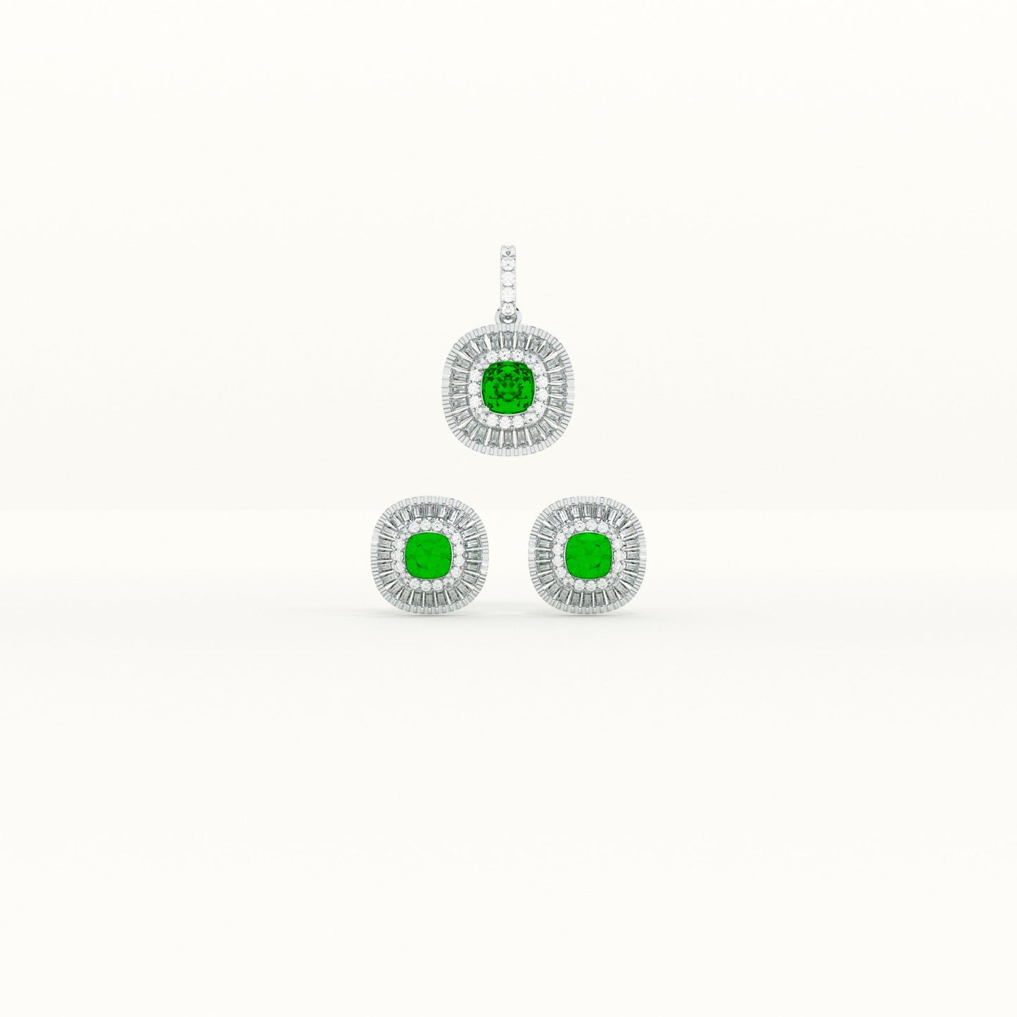 Green Crystal Halo 925 Sterling Silver Pendant Earring Set