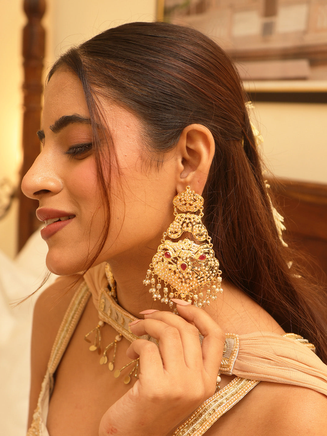 Ruby Jadau Pearl Dangler Earrings