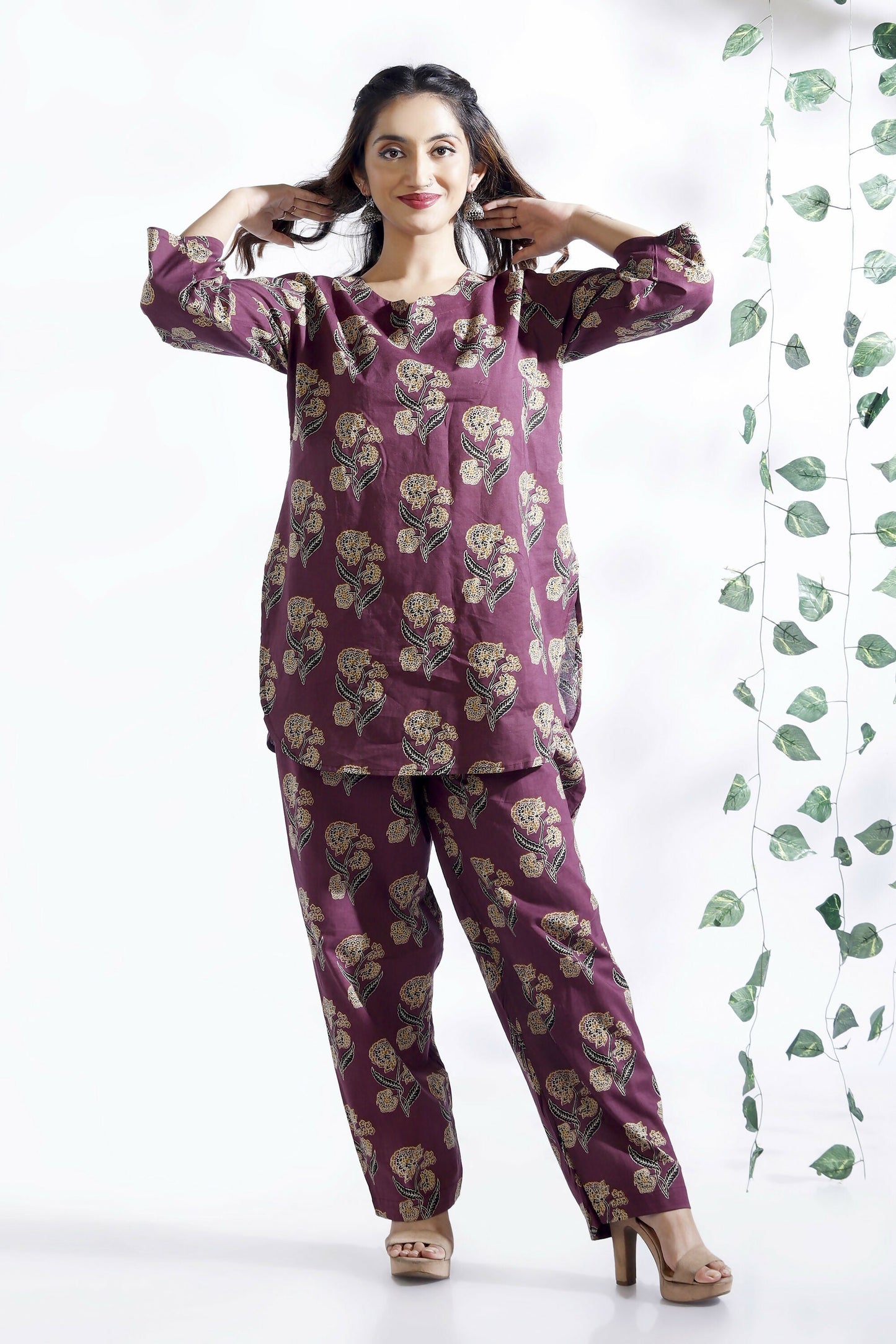 Breathables Wine Butta Cotton Co-Ord Set Kurta With Straight Pants