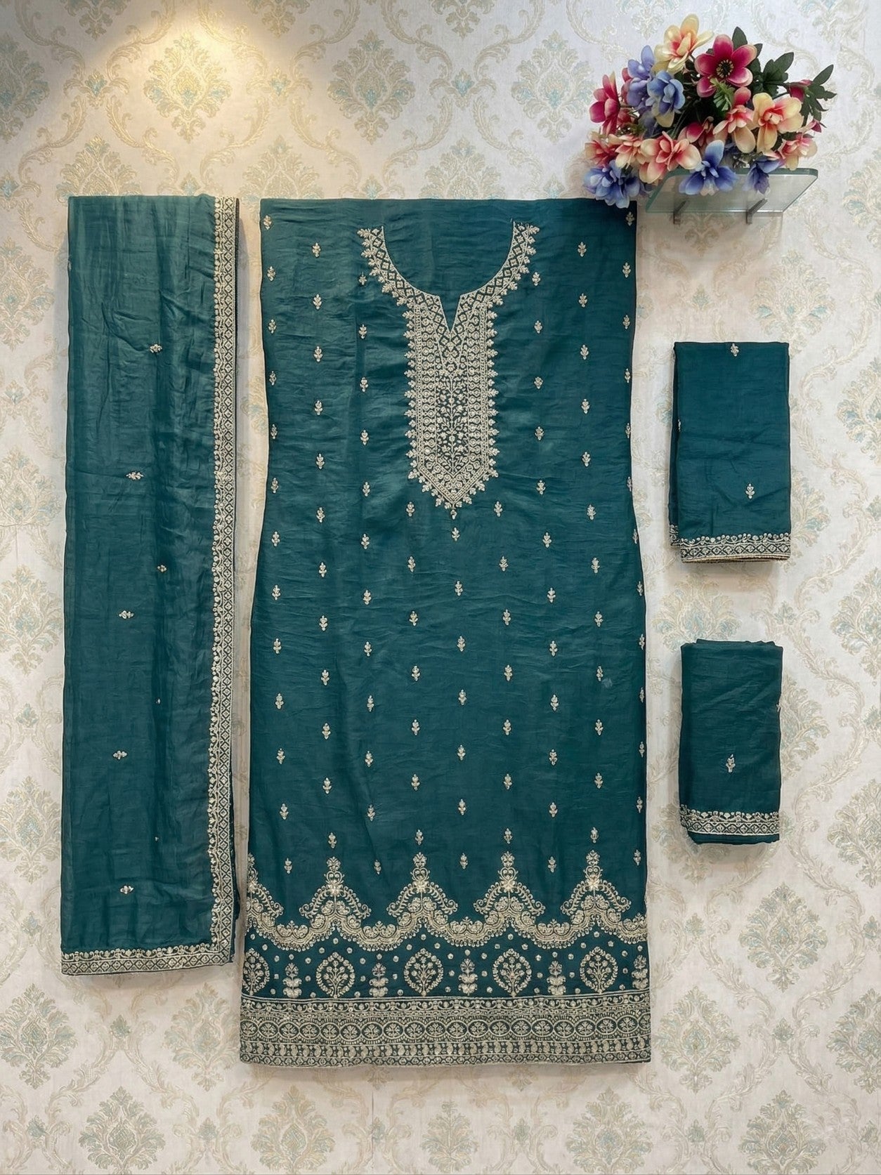 Anaita Teal Green Silk Suit With Embroidery & Sequence Work