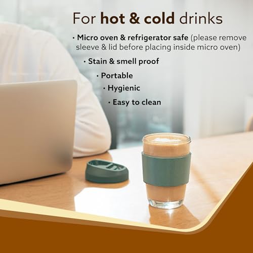 Coffee Mug with Locking Sipper Lid, Borosilicate Glass, 320ml, Green Silicone Sleeve