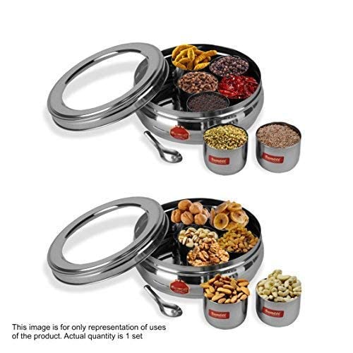 Sumeet Stainless Steel Belly Shape Masala (Spice) Box/Dabba/Organiser With See Through Lid With 7 Containers And Small Spoon (Small), Beige