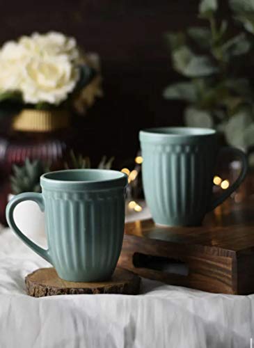 Ceramic Coffee Mug Set of 2 - Green Color, 300 ML, Handcrafted, Microwave Safe
