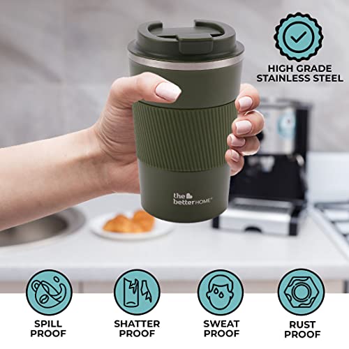 Insulated Coffee Mug with Lid - Double Wall Stainless Steel - Green - 380ml