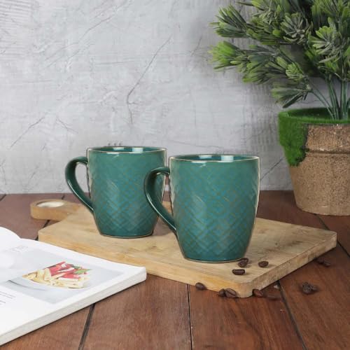 Ceramic Coffee Mug Set of 4 - 320ml Blue Textured Microwave Safe