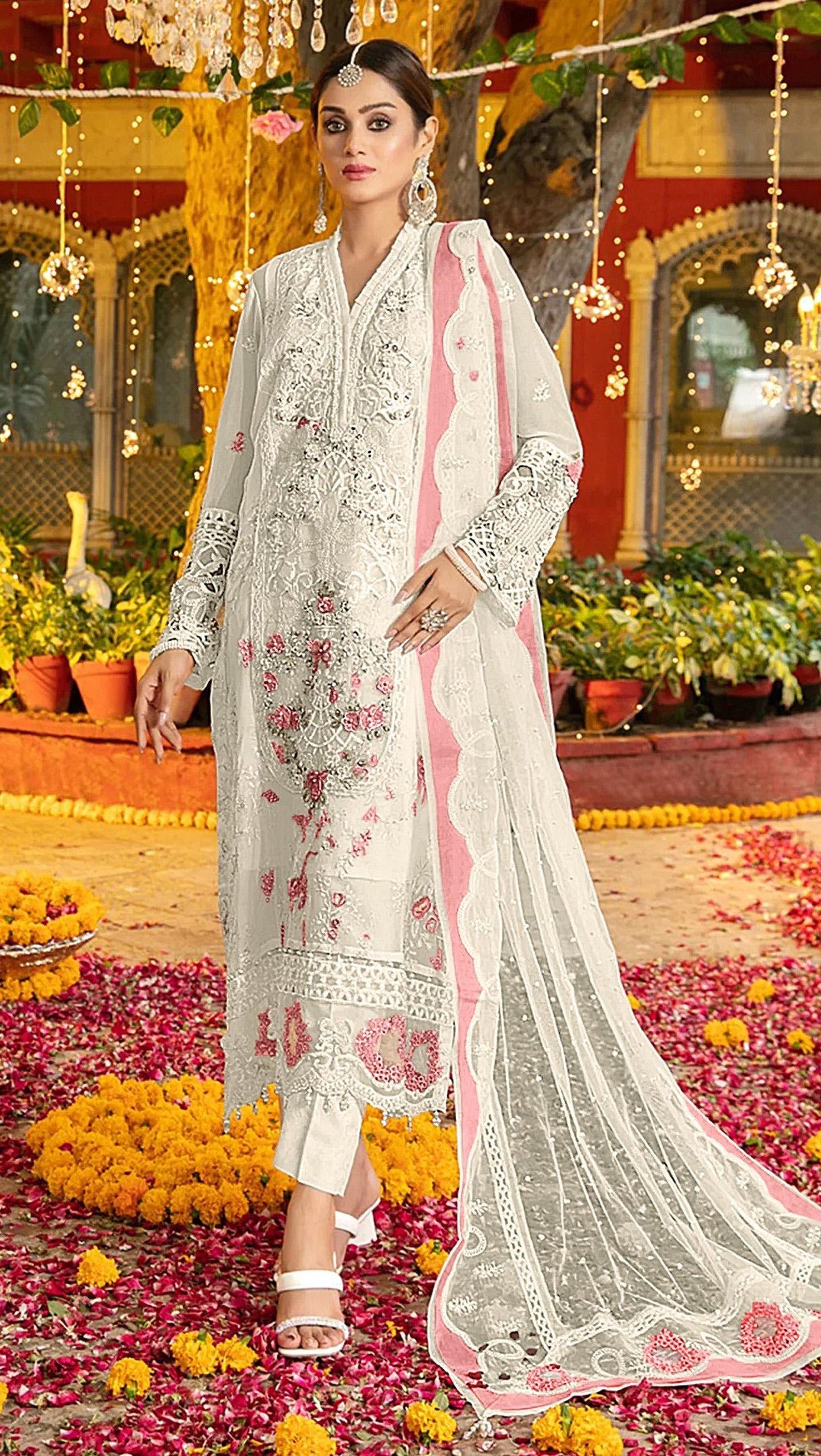 Anaita White & Pink Chiffon Suit with Embroidery & Sequence Work