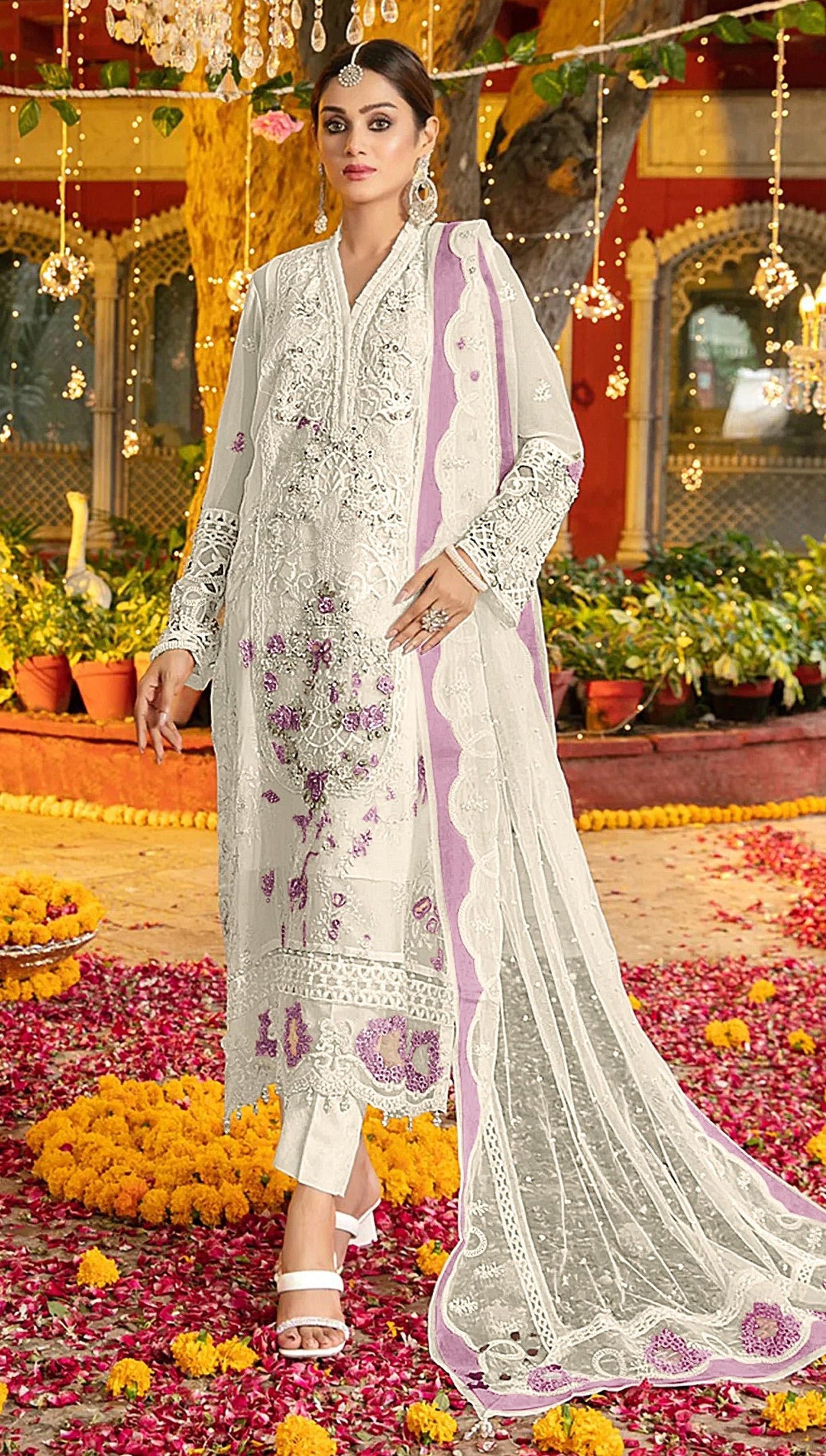 Anaita White & Purple Chiffon Suit with Embroidery & Sequence Work