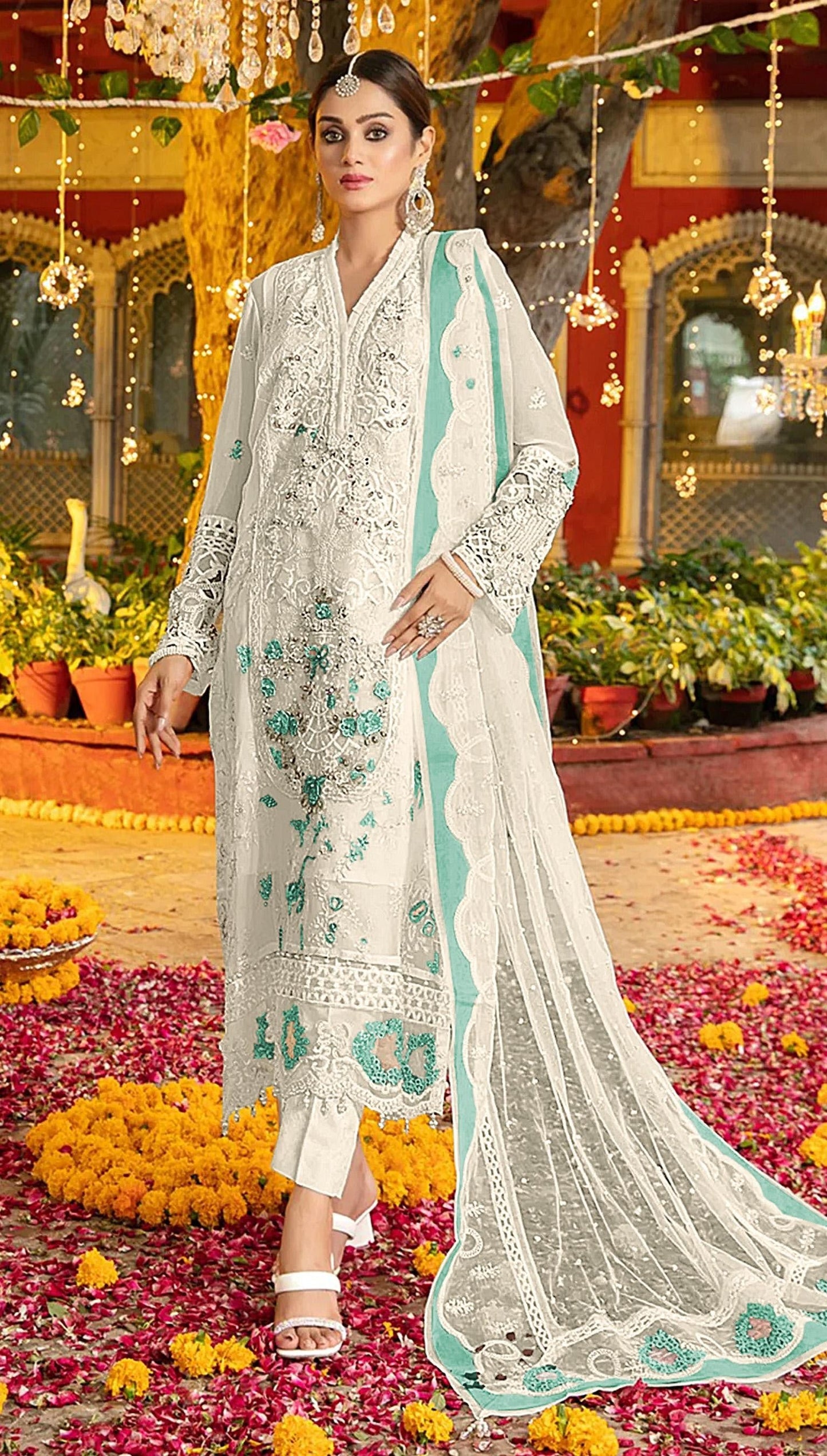 Anaita White & Blue Chiffon Suit with Embroidery & Sequence Work