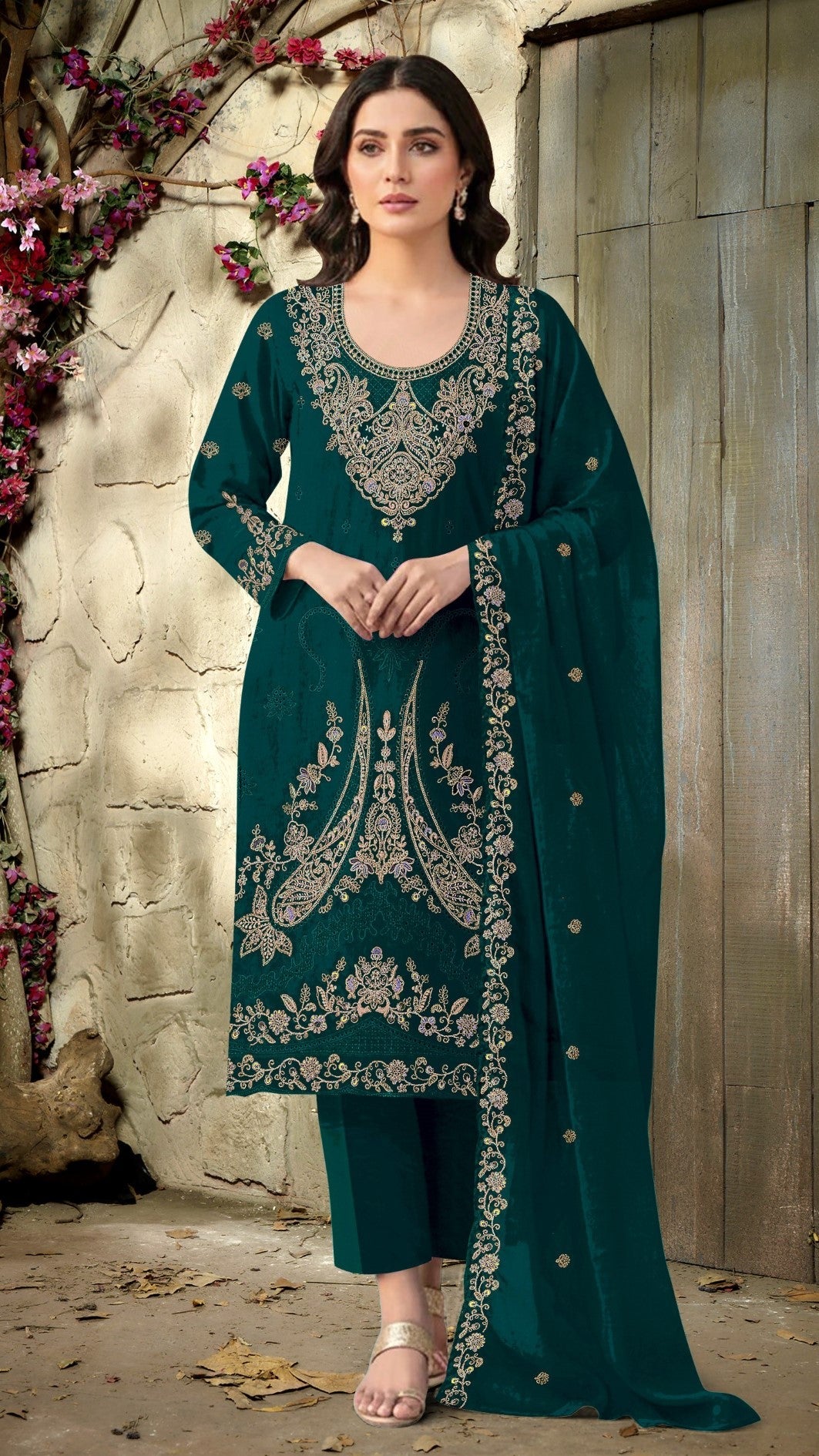 Anaita Dark Green Velvet Suit With Embroidery Codding Work