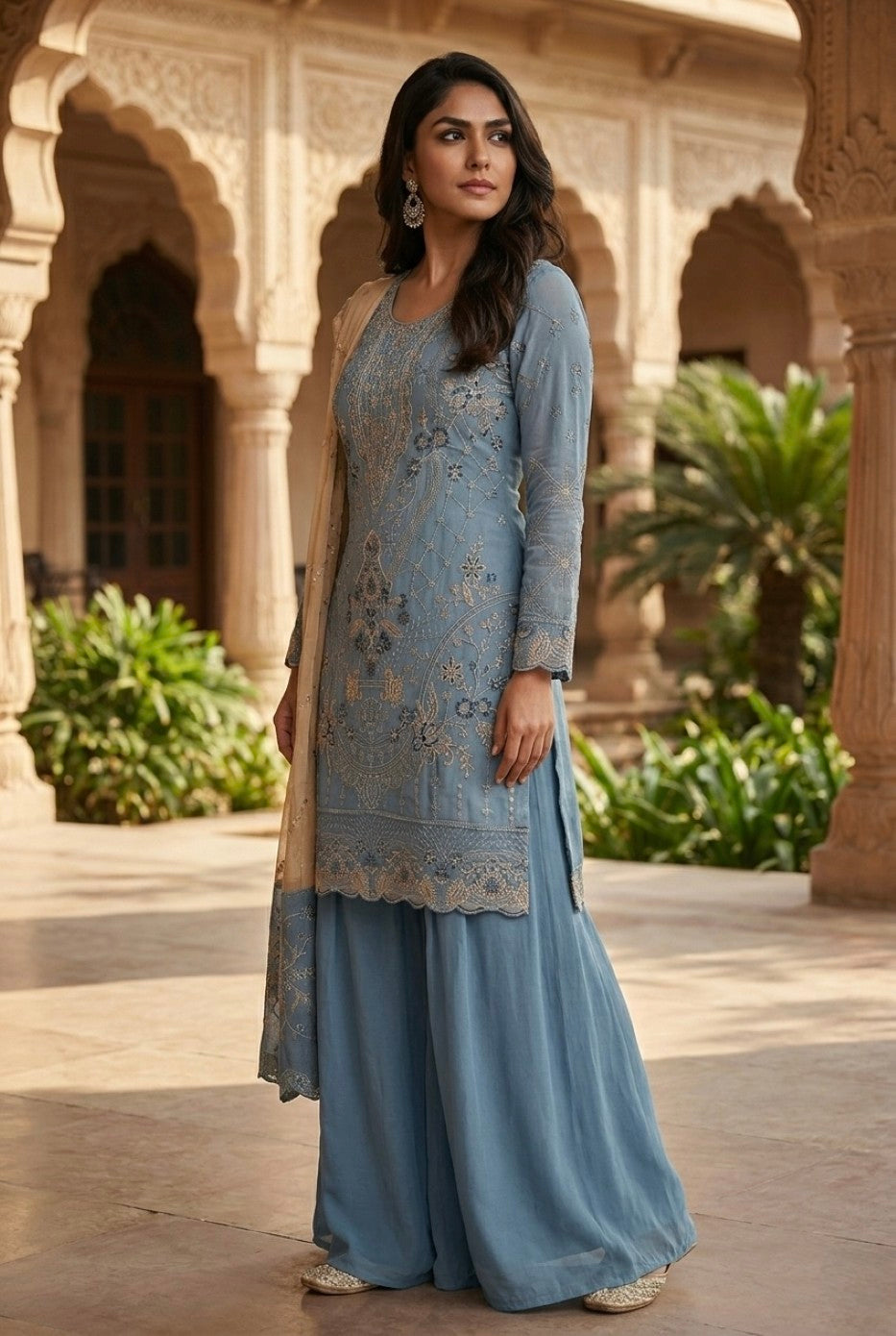 Anaita Blue Silk Suit with Embroidery & Khatli Work