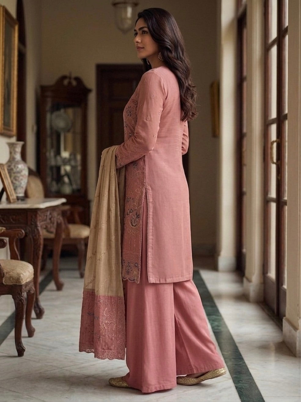 Anaita Peach Silk Suit with Embroidery & Khatli Work