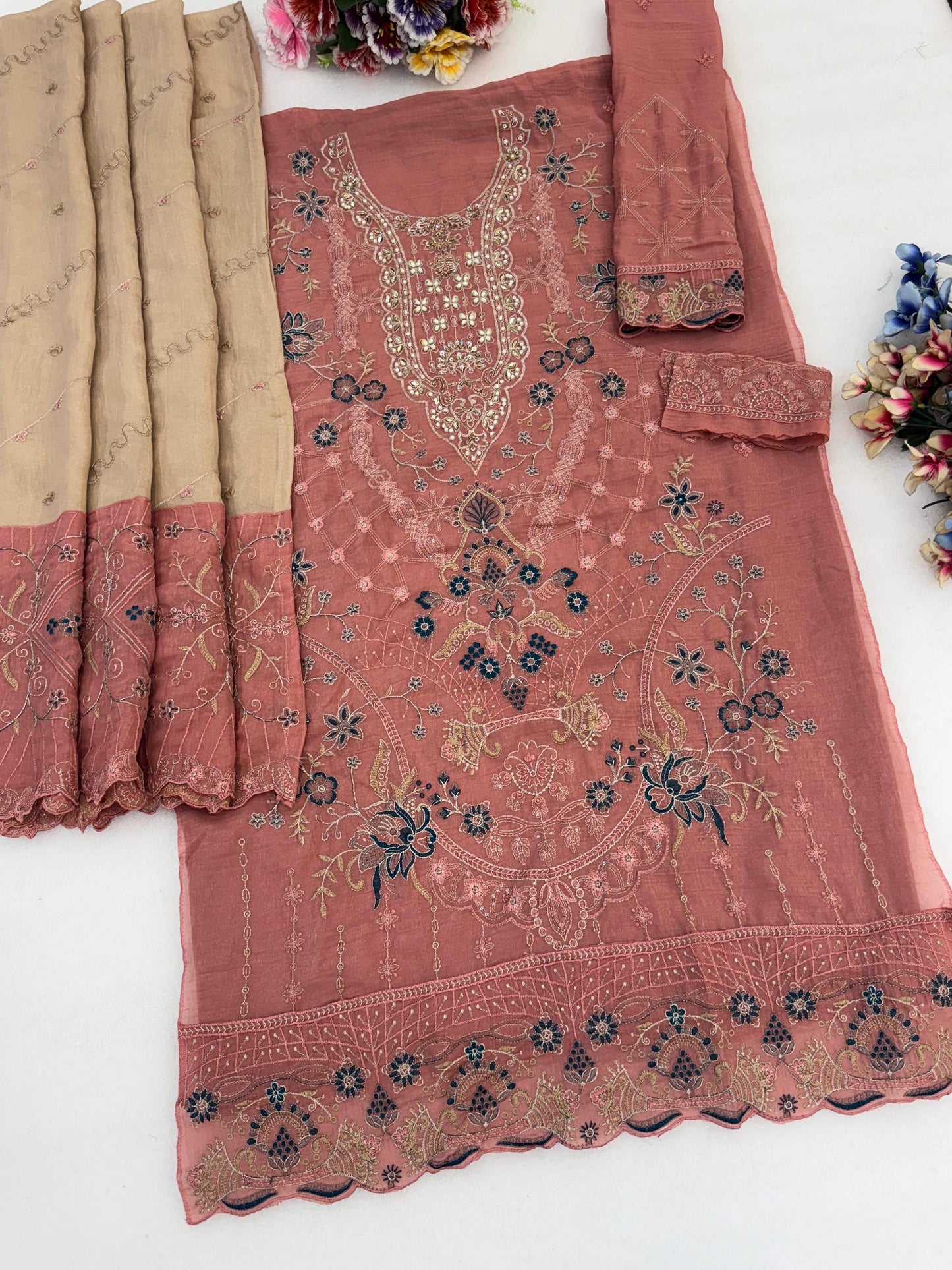 Anaita Peach Silk Suit With Embroidery & Sequence Work