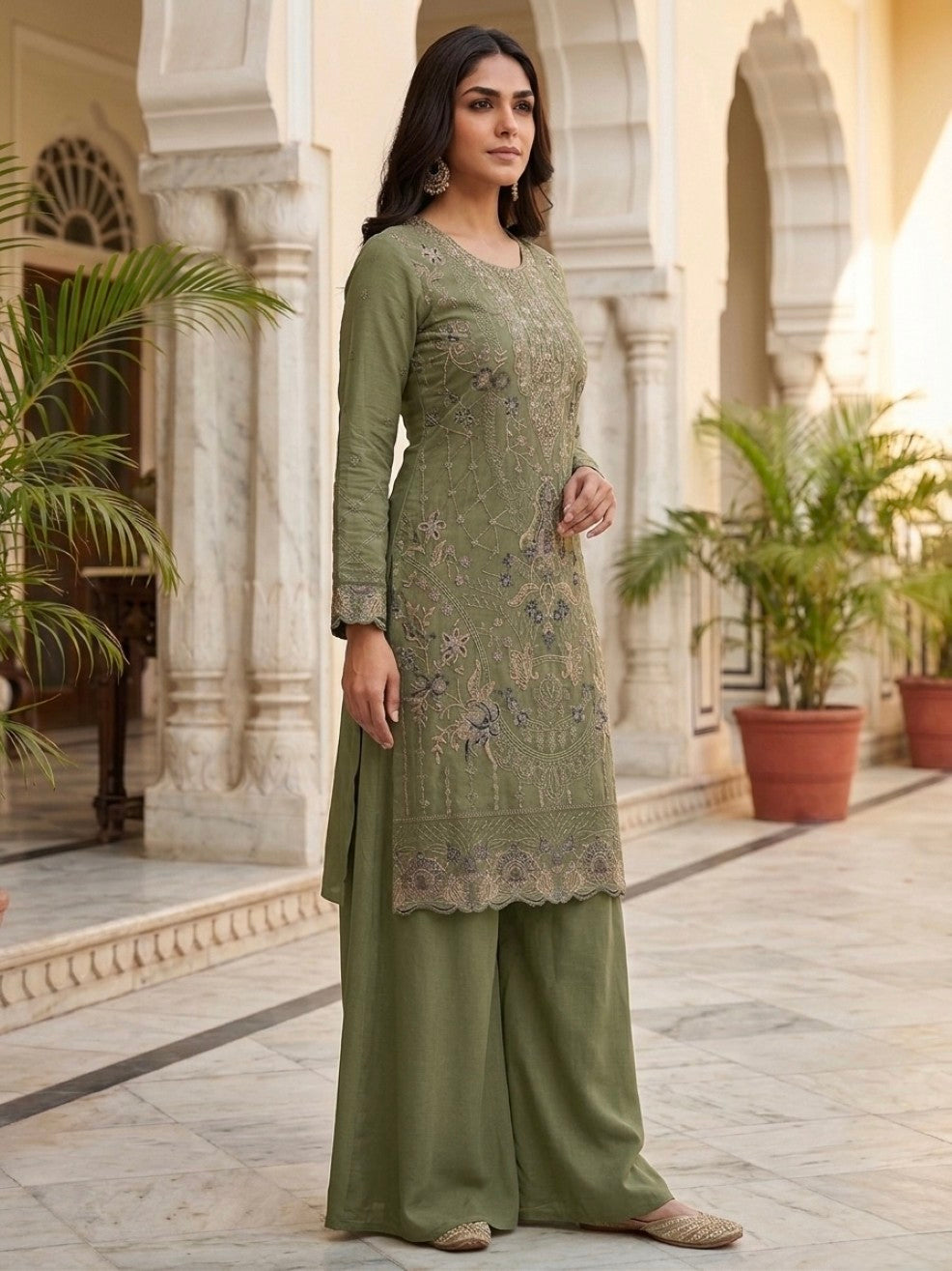 Anaita Mehendi Silk Suit with Embroidery & Khatli Work