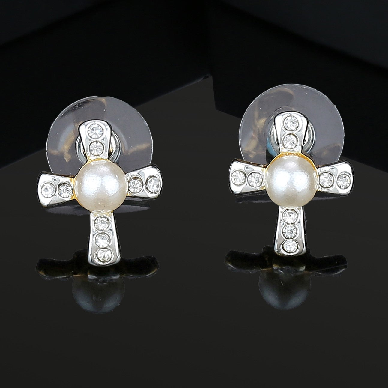 Estele Gold Plated Four petal pearl Stud Earrings for women