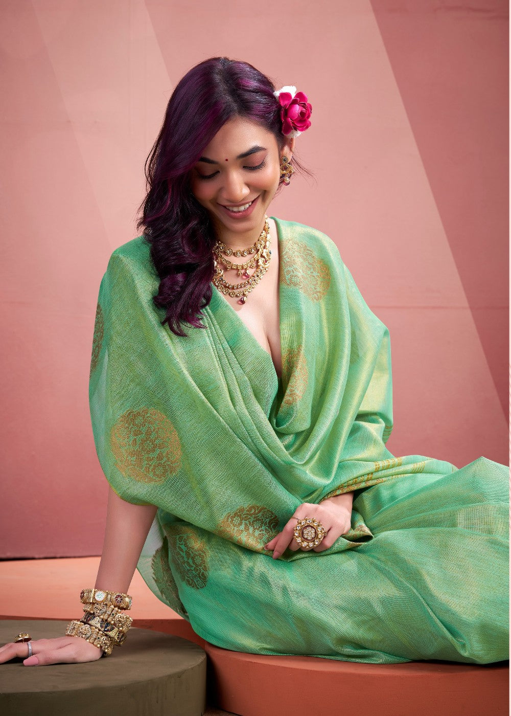 Anaita Sea Green Silk Tissue Zari Weaving Work Saree With Blouse Piece