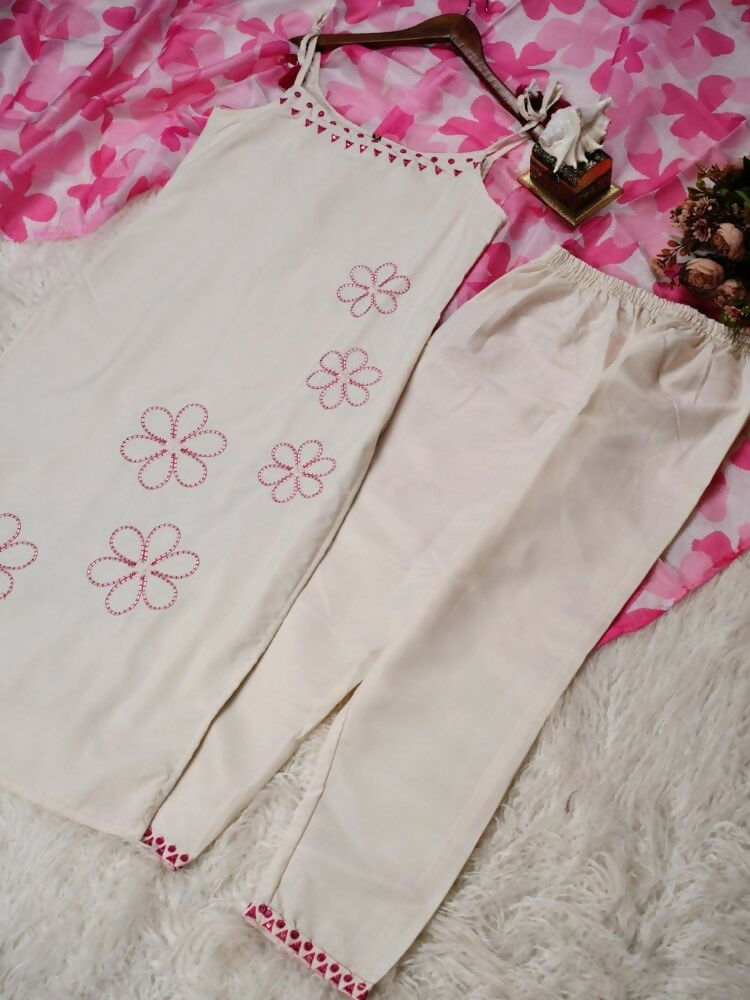 Teeya Creation Womens Straight Cotton Kurta Pant Set with Floral Organza Dupatta Set