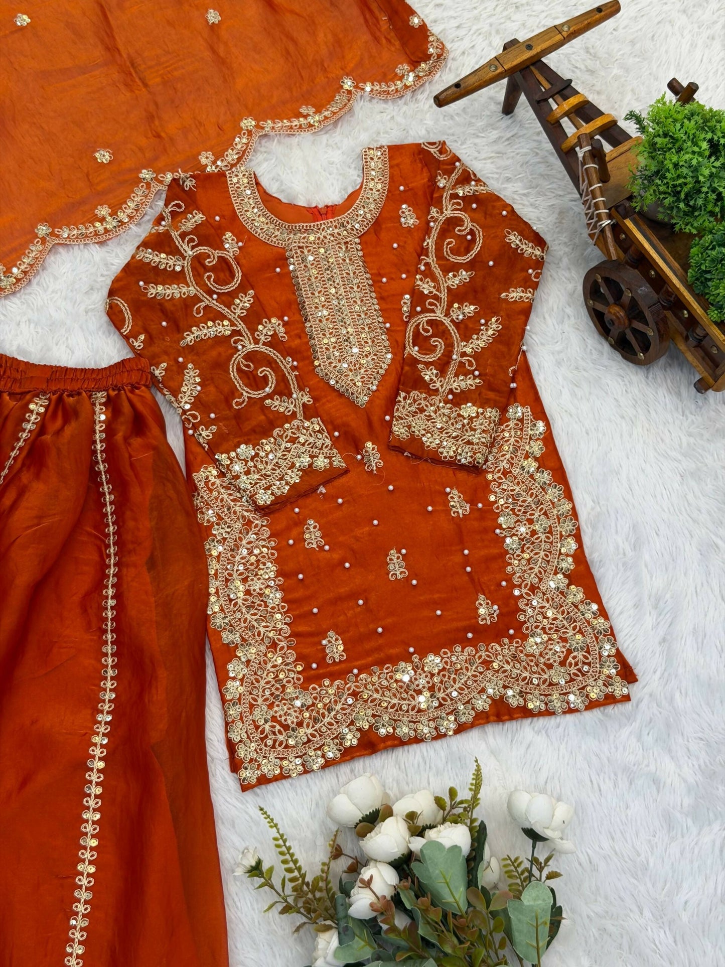 Teeya Creation New Trendy Fully Stitched Ready to Wear Kids Kurta Palazzo Set-Orange