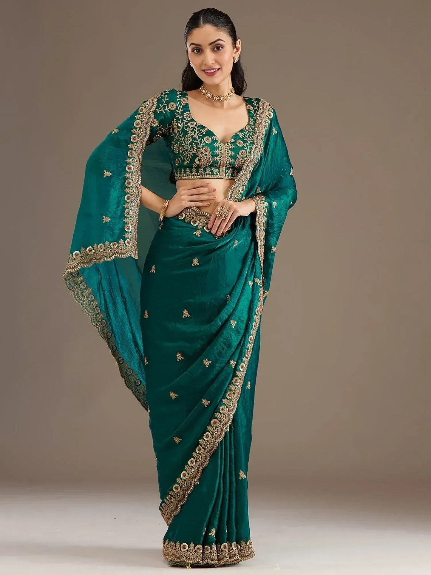 Tulsi Art Charming Green Zari Embroidered Silk Reception Wear Saree With Blouse